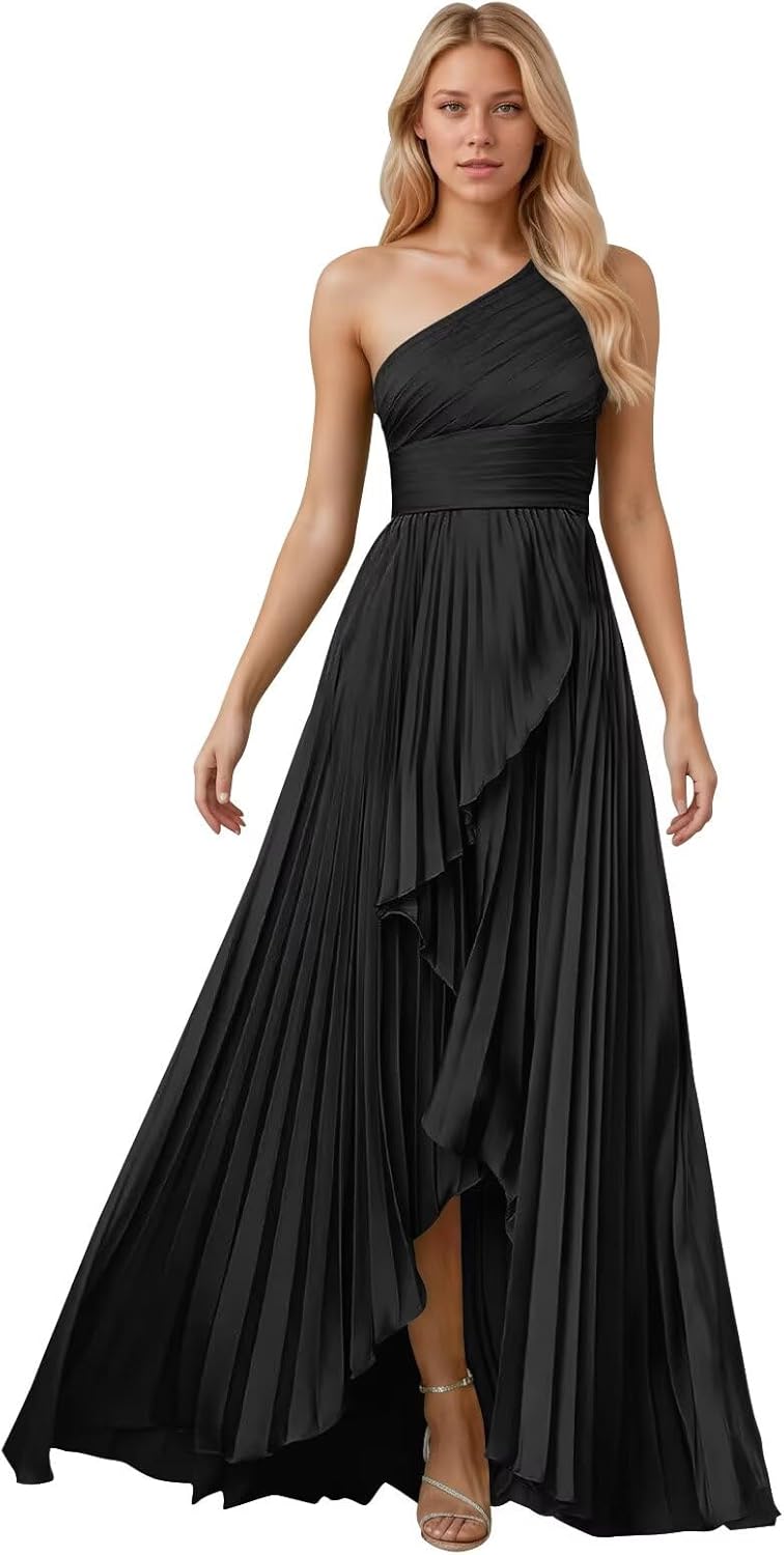One Shoulder Bridesmaid Dresses for Women 2026 Long Satin High-Low Formal Wedding Guest Evening Dress