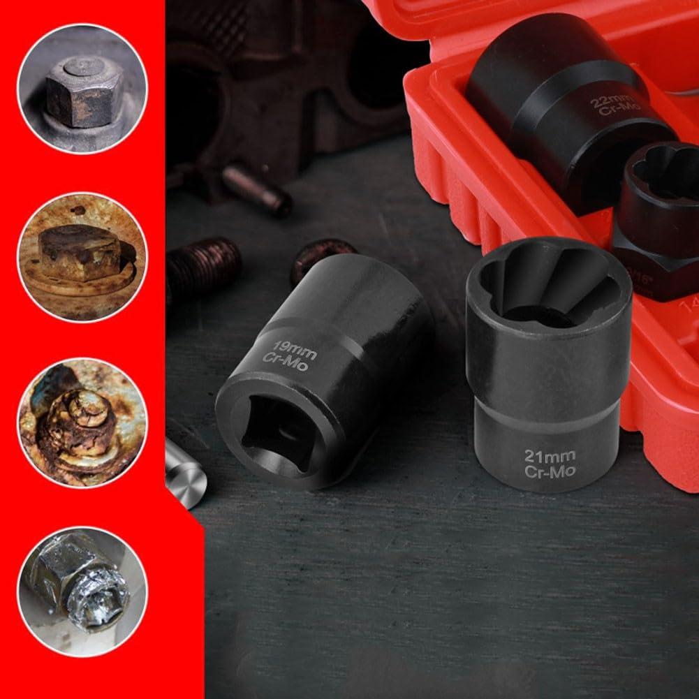 Set di 11 chiavi a bussola per estrattori di dadi in acciaio Cr-Mo per dadi spelati arrotondati, attacco da 3/8" e adattatore esagonale da 1/2" per avvitatore a percussione