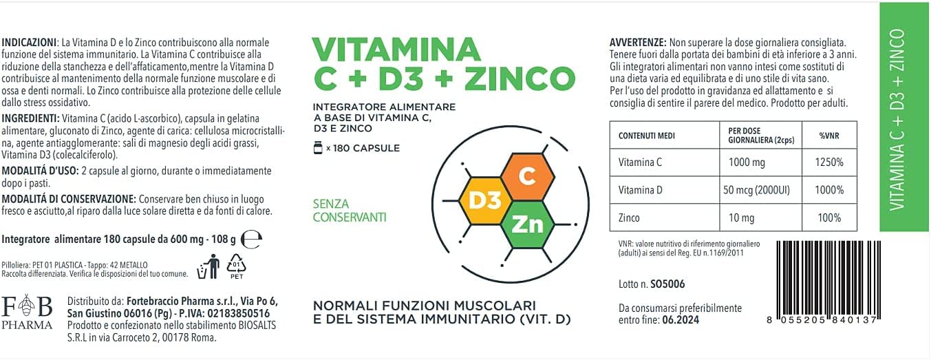 Fortebraccio Pharma Integratore di Vitamina C 1000mg, Vitamina D D3 2000 UI, e ZINCO ALTO DOSAGGIO 360 Capsule (FORMATO SCORTA). Integratore Articolazioni & Ossa, supporto per il sistema immunitario