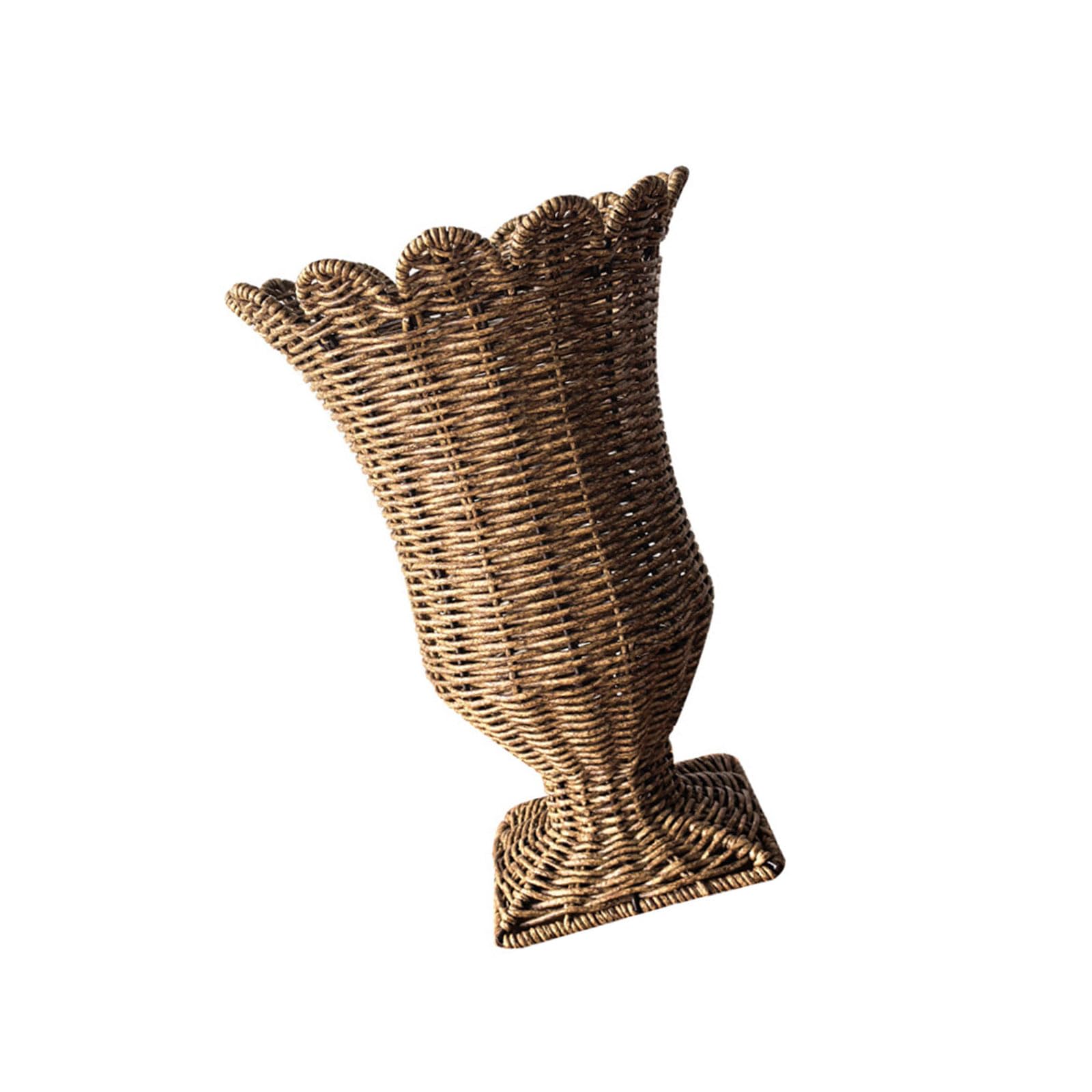 Pedestal Wicker Vase Handwoven Goblet Shape, Decorative Brown Flower Holder for Console Table, Mantel or Dining Centerpiece, Open Top Display Rattan Flower Holder Woven Vase Decor Goblet Pedestal Home