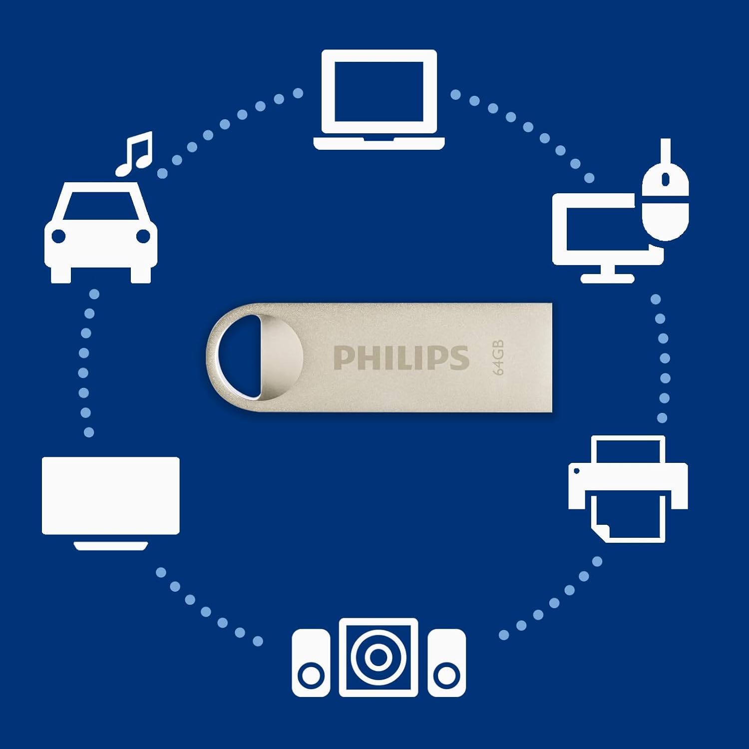 Philips USB Stick 64 GB USB 2.0 Flash Drive Moon Edition for PC, Laptop, Computer Reads up to 20MB/s Metal Keychain Ring Capless Grey