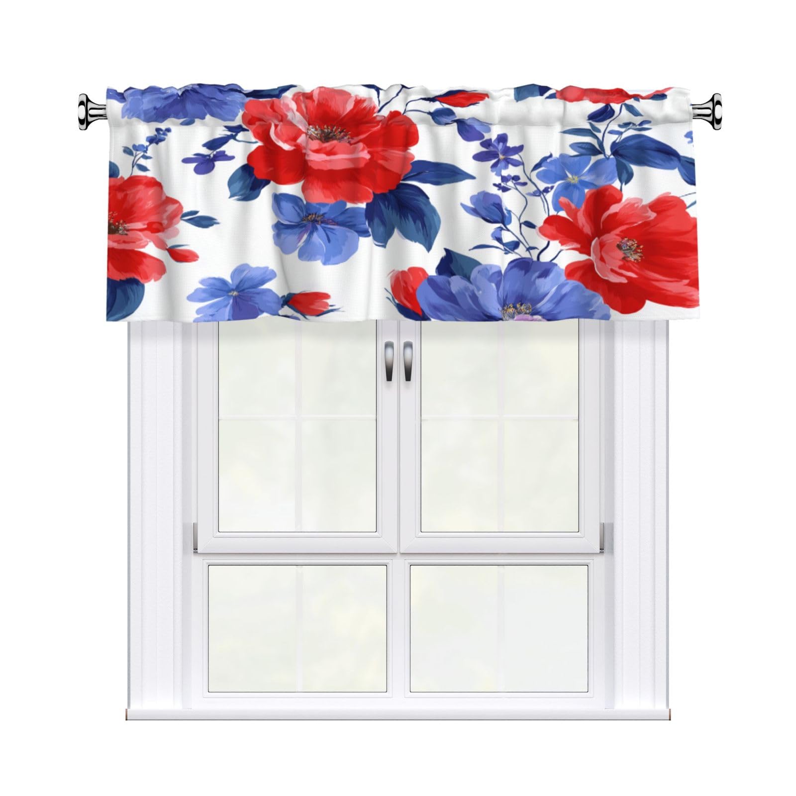 Woshuwo Red And Blue Flowers On White Valances For Windows Rod Pocket Window Treatment Short Curtains For Kitchen Living Room Bedroom Decor 54x18in
