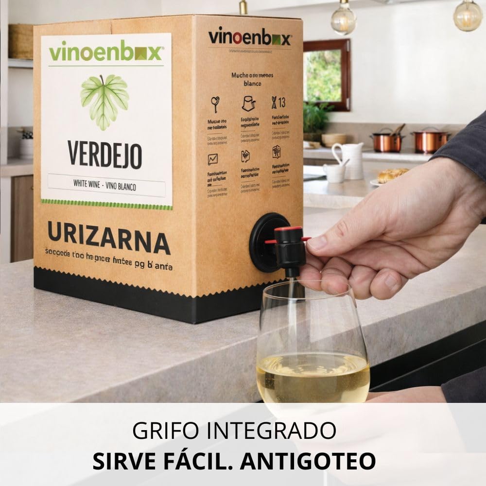 Vinoenbox – Vino blanco Verdejo Bag in Box 15 Litros | Caja de vino con grifo, Conservación óptima, práctico y sostenible, Perfecto para consumo diario (equivale a 20 botellas)