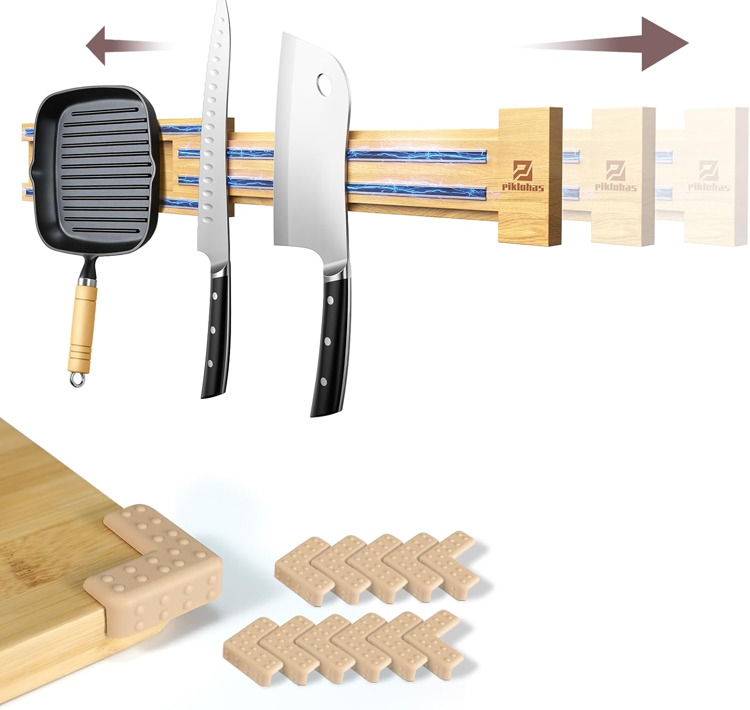 Extendable Magnetic Knife Holder for Wall+Non-Slip Bumpers for Cutting Board