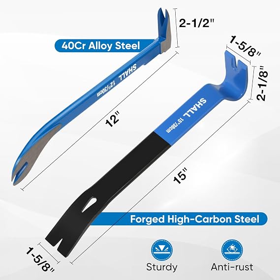 SHALL 2-Piece Pry Bar Set, 15-Inch Flat Pry Bar & 12-Inch Cats Paw Nail Puller, Heavy-Duty Crowbar, Utility Claw Bar, Wonder Bar for Home Remolding & Woodworking