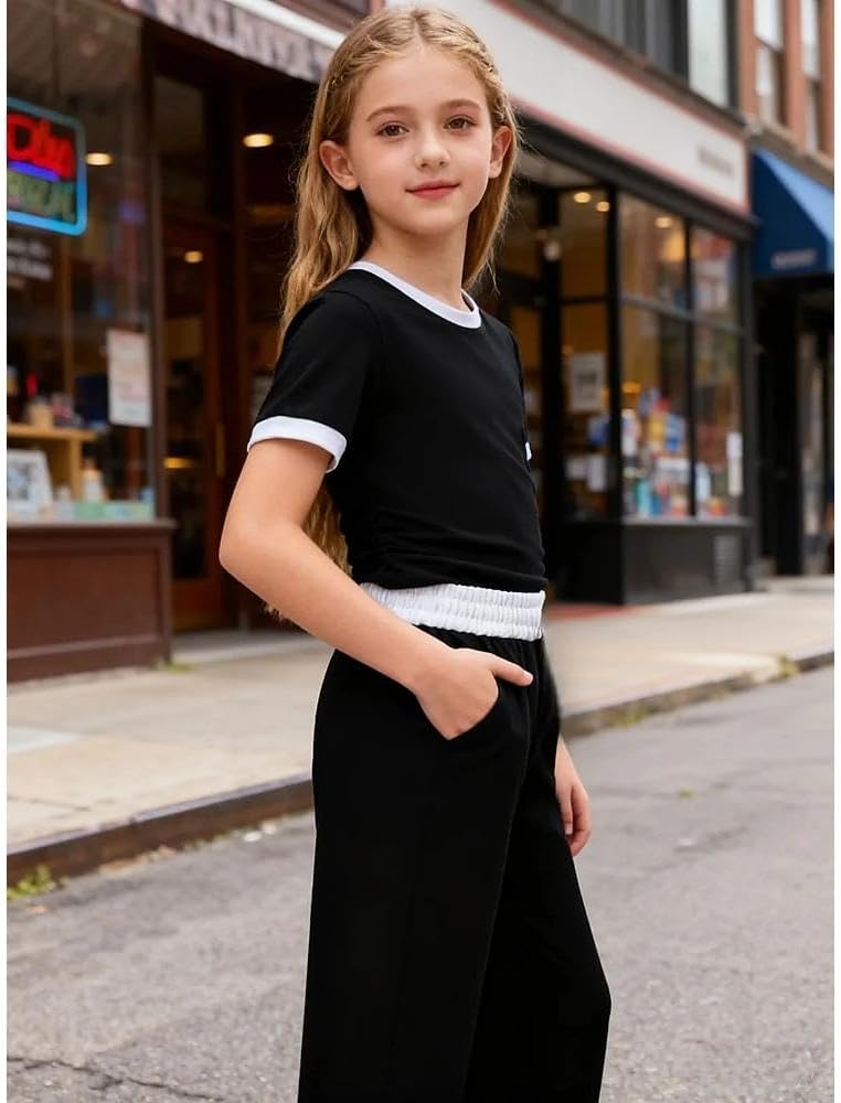 7-14 Years Girls Sizes 2 Piece Casual Set Ruched Short Sleeve Fitted Waist-Cinched Top & Wide Leg Pants - Image 2