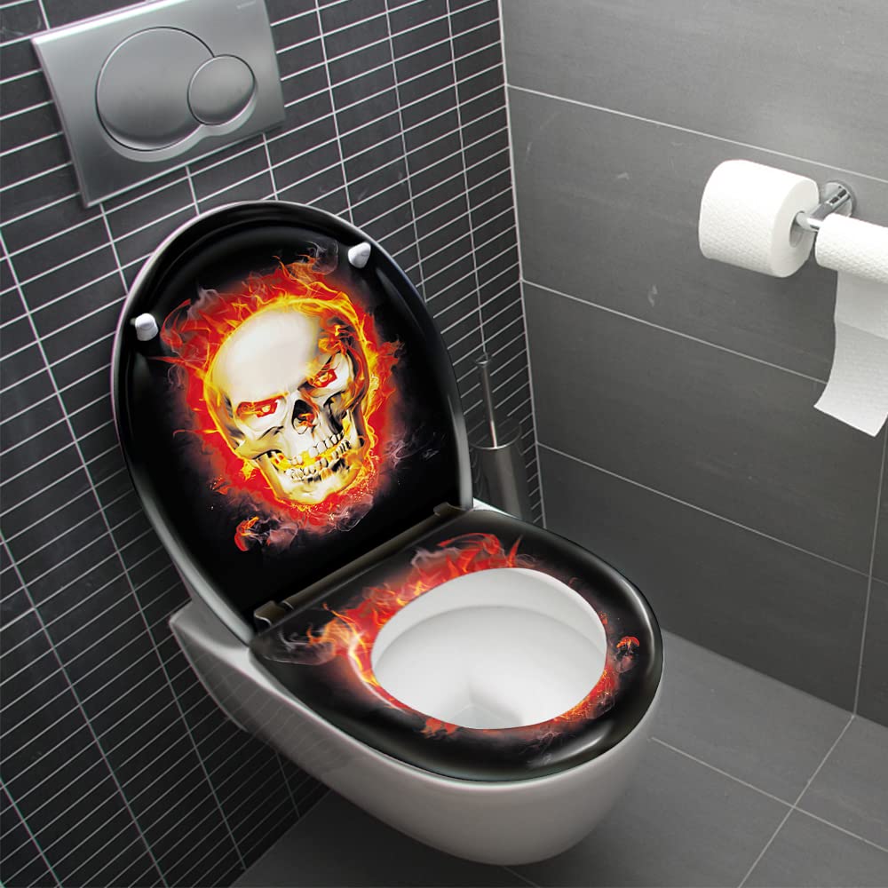 LARS360 Sedile WC con abbassamento automatico, misura universale, in plastica rigida, sedile WC con abbassamento lento, antibatterico, fiamma del cranio
