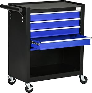 DURHAND Coffre à outils à 4 tiroirs avec 4 roues, boîte à outils roulante et cabinet de rangement, organisateur d'outils portable pour garage, usine et atelier, bleu