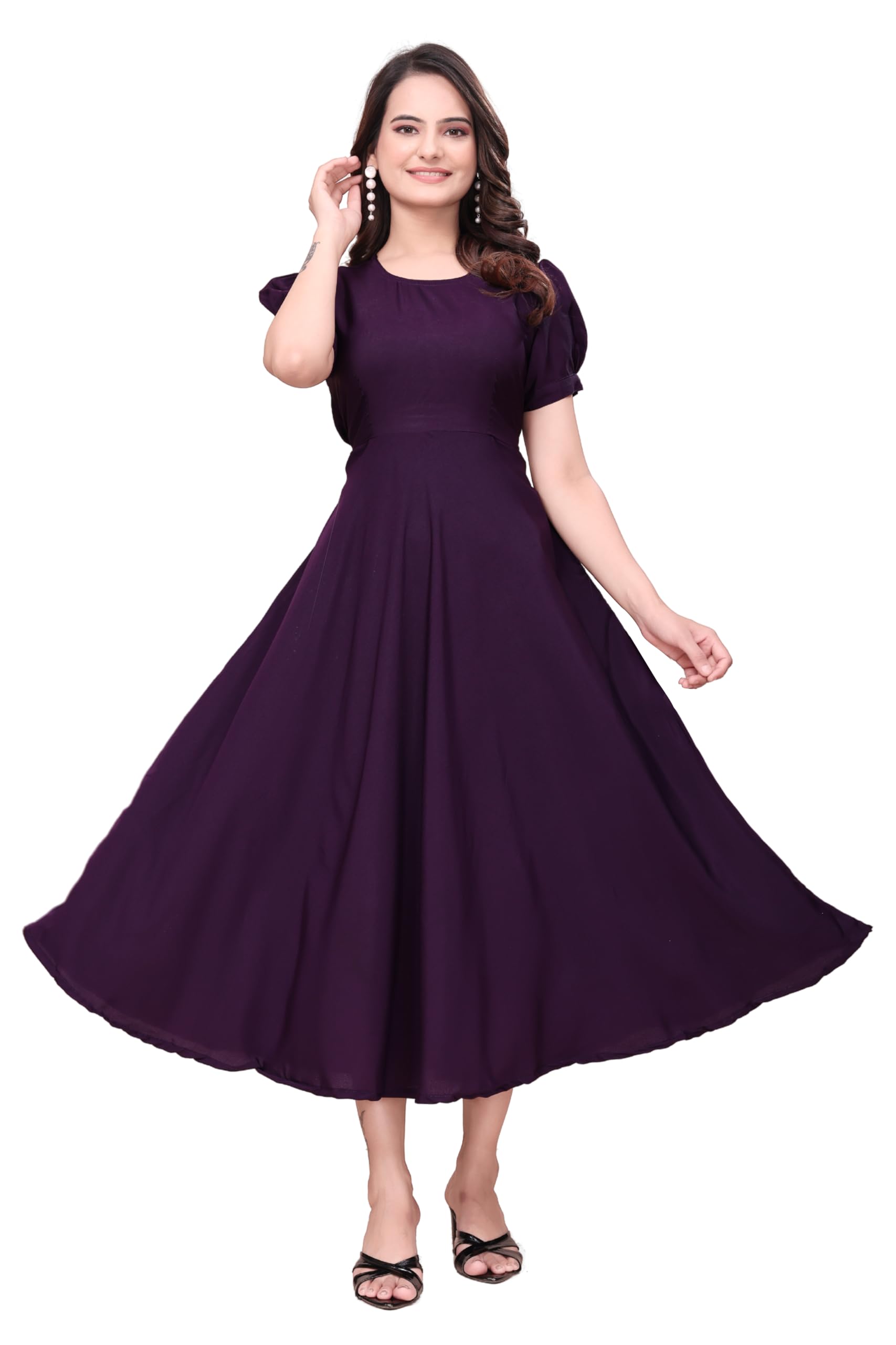 Solid Crepe Fit and Flare Maxi Dress for Women | Calf Length A-Line Dress with Puff Short Sleeves, Round Neck, Stitch Belt | Casual Wear-image-24