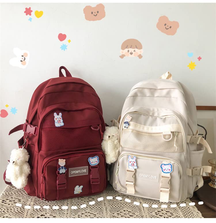 Aesthetic Kawaii Nylon Lighteweighted Portable Laptop Backpack with A Cute Bear Pendant, Large Capcity (Red)3