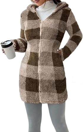 CXINS Womens Plaid Sherpa Jacket Fuzzy Zip Up Hoodie Fleece Mid-length Jackets 2026 Fashion Fluffy Coat with Pockets