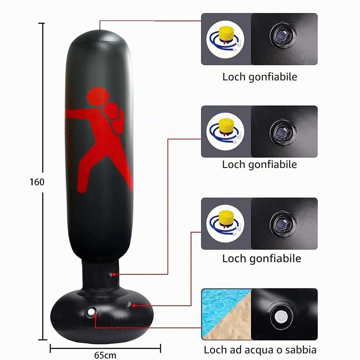Sacco da Boxe Bambini 160cm/63 Pollici Gonfiabile Sacco da Boxe da Terra con Colonna da Boxe E Base Spessa per Kickboxing di Karate, Attrezzature di Allenamento