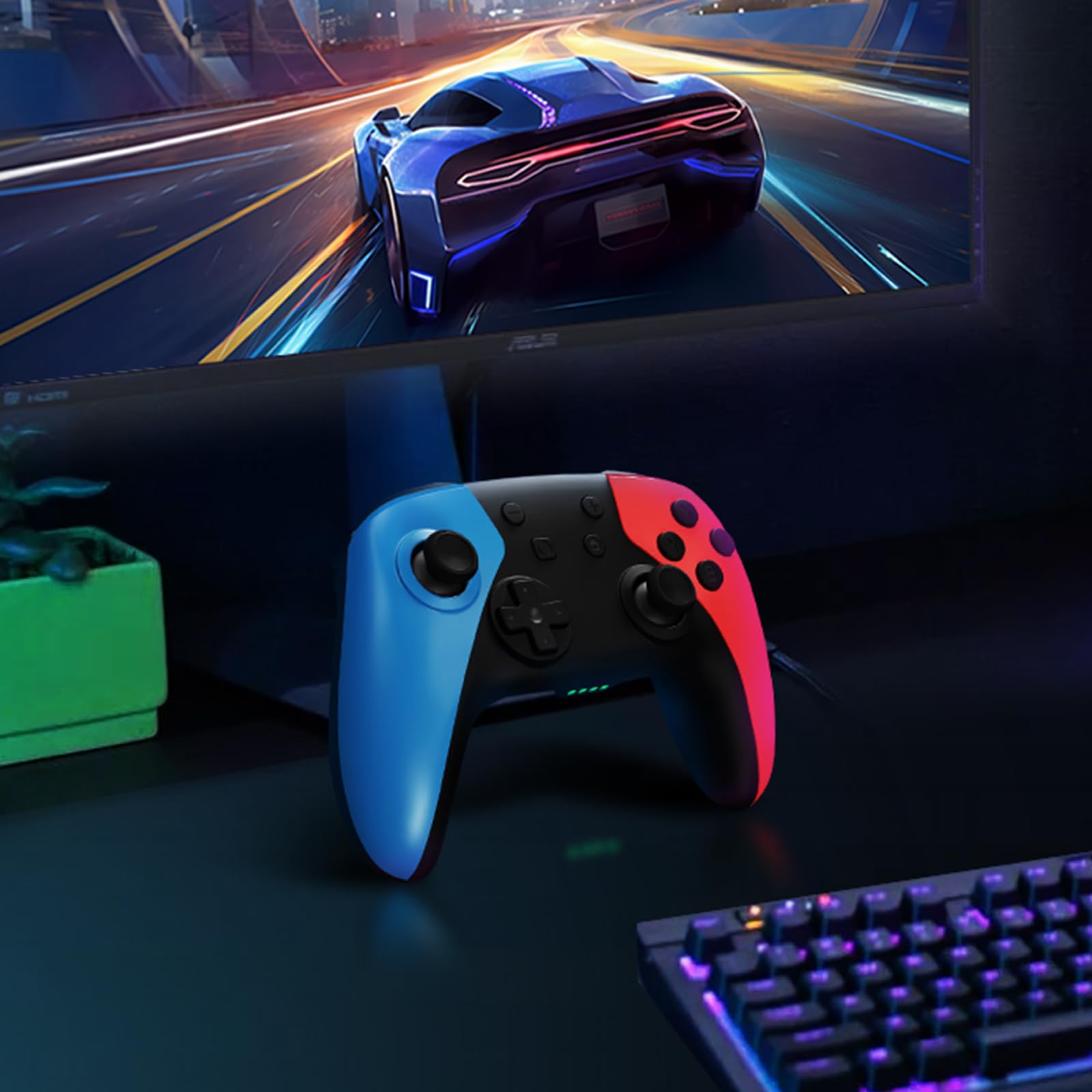 AceGamer Manette pour Switch2/Switch/Lite/OLED, manette sans fil Pro avec joystick Hall/gyroscope 6 axes/boutons programmables/réglages de vibration/alerte de batterie faible,Rouge et bleu