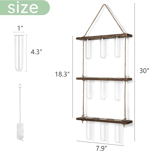 Miniatura 36 de Mkono Tubos de propagación de plantas, terrario colgante de pared de 3 niveles con soporte de madera, mini tubo de ensayo, florero de flores, Marrón