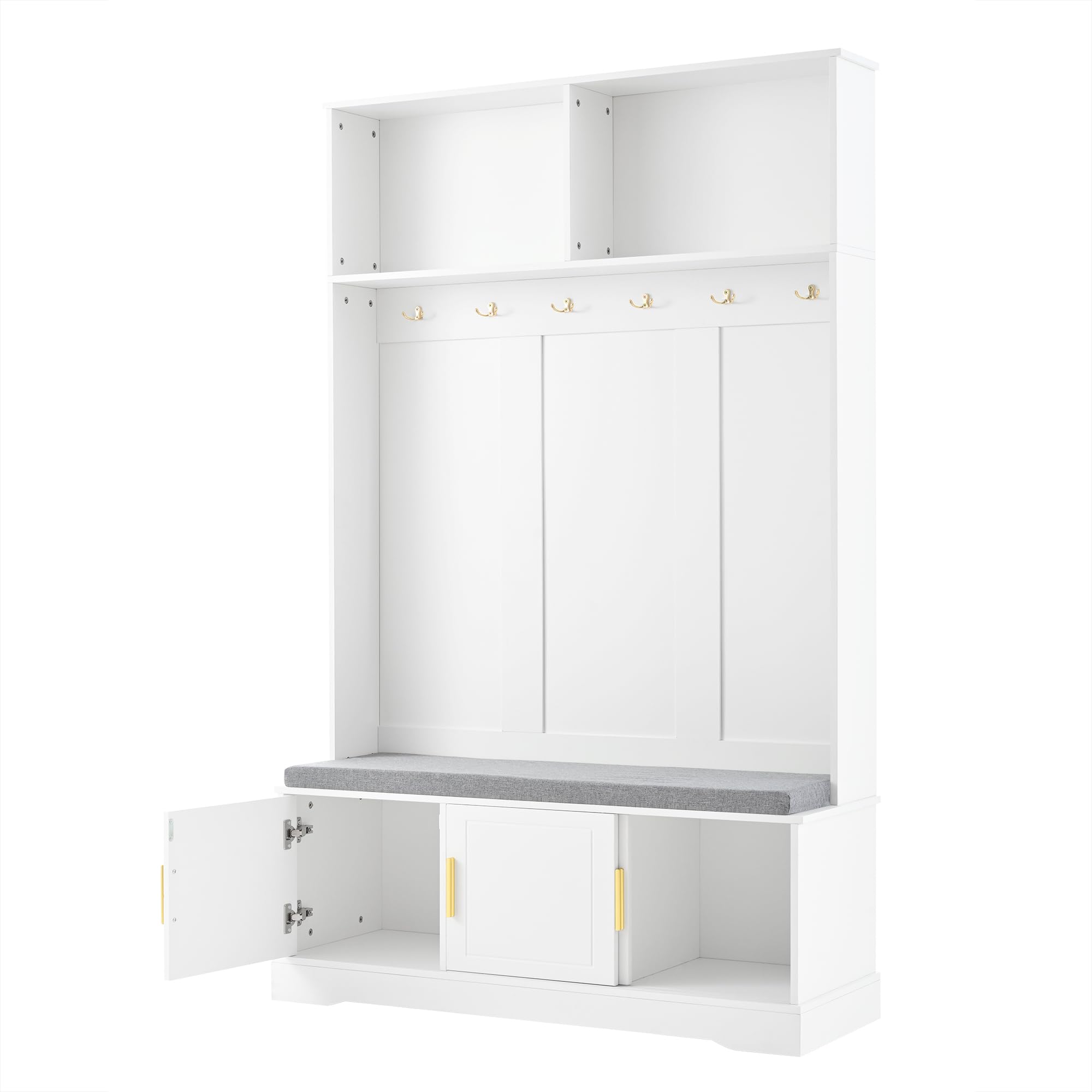 Conjunto de Recibidor de Entrada con 6 Ganchos, Perchero de Pared con Banco Zapatero para Zapatos, Juego de Mueble Recibidor con Espacio de Almacenamiento y Puertas, 191x120x40 cm (Blanco)