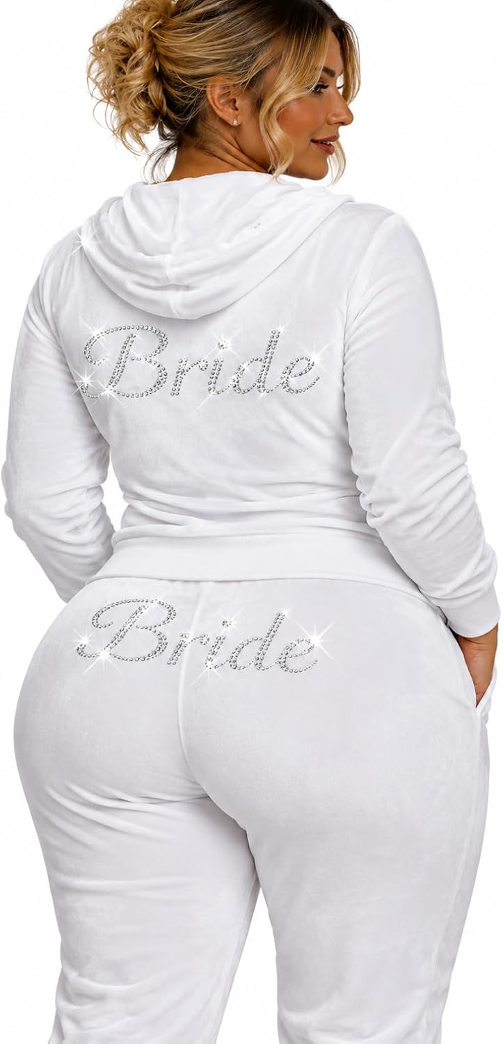 Plus Size Bride Rhinestone White Velour Tracksuit for Women, Bridal Wedding Outfit