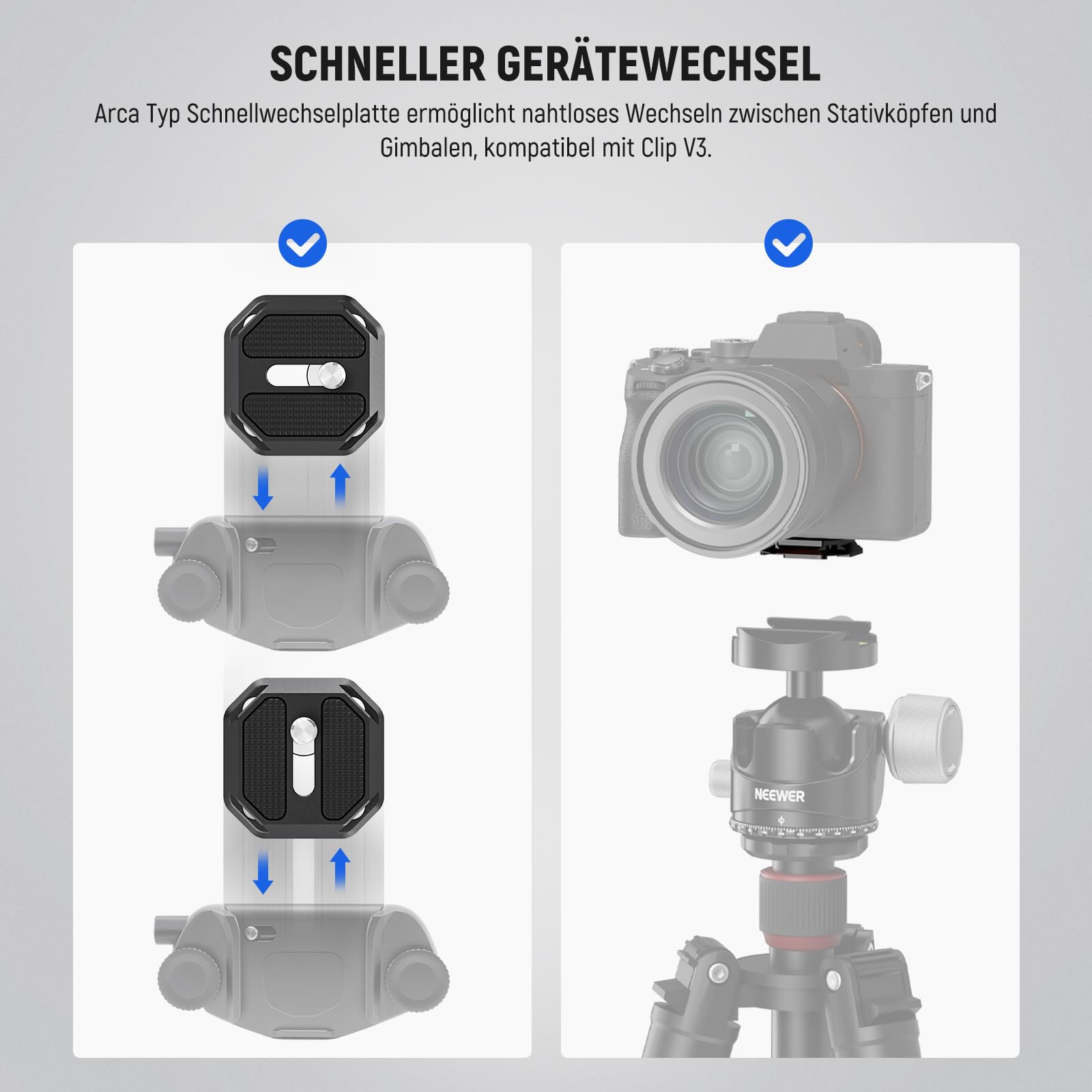 NEEWER GM34 Kamera Schnellwechselplatten Set, Schnellwechsel Automatikverriegelung, quadratische QR Montageplatte mit Arca Klemme, kompatibel mit Arca Swiss, Kameraklammer, maximale Belastung 11lb/5kg
