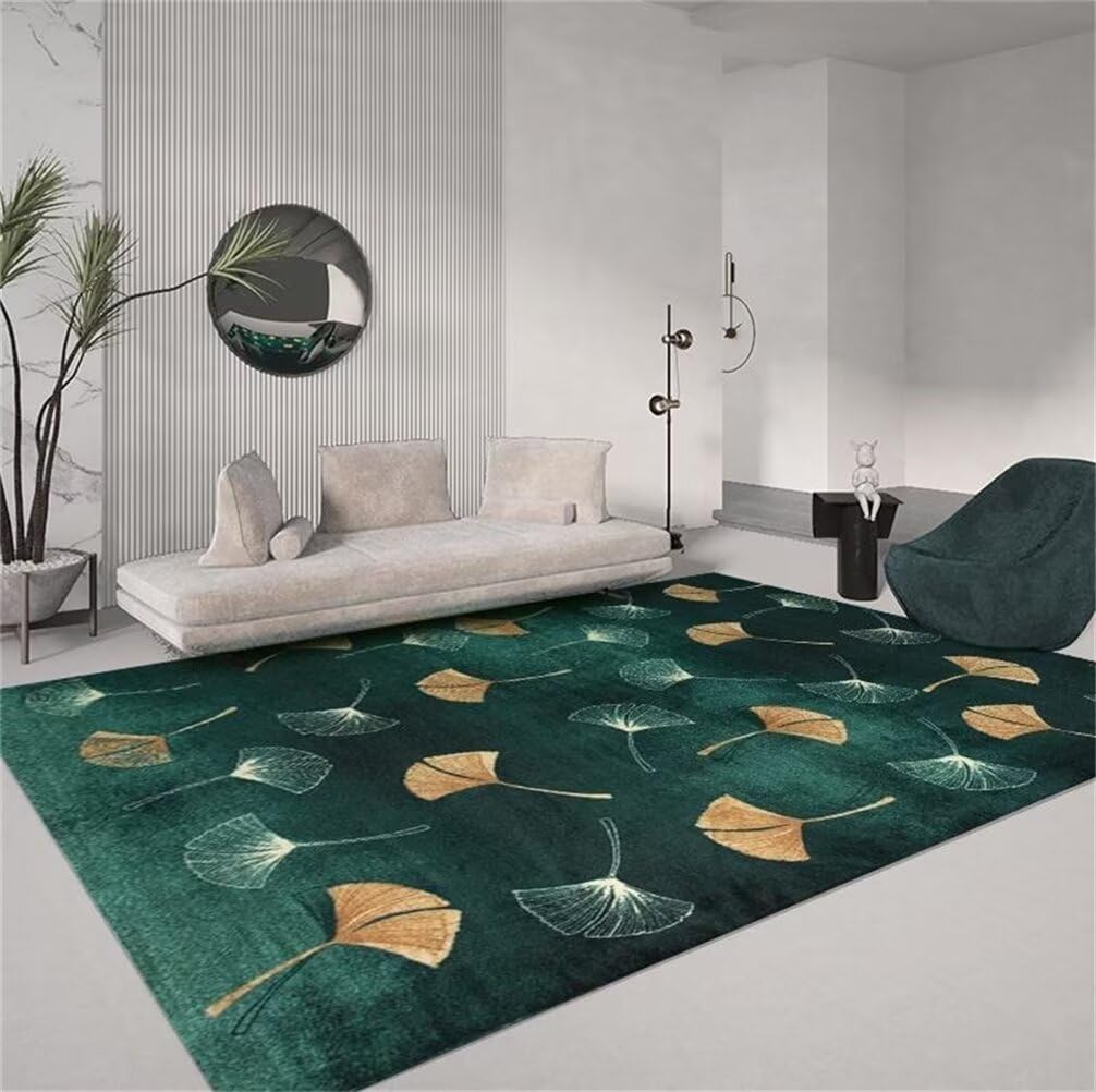 Tapis enfant chambre garcon vert motif ginkgo lavable 90x120