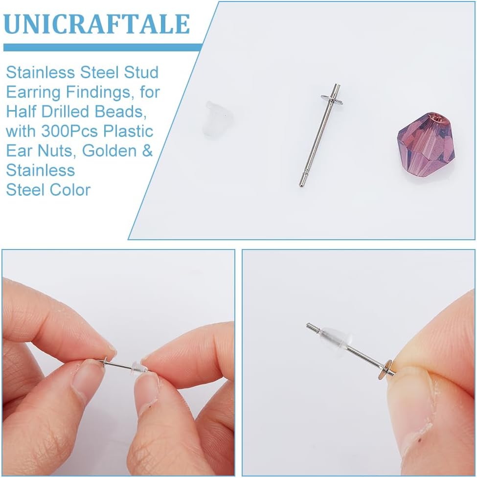 UNICRAFTALE 200pcs 2 Colors Pearl Cup Earring Post Stainless Steel Stud Earring Findings for Half Drilled Beads with 200pcs Plastic Ear Nuts for Earrings Making
