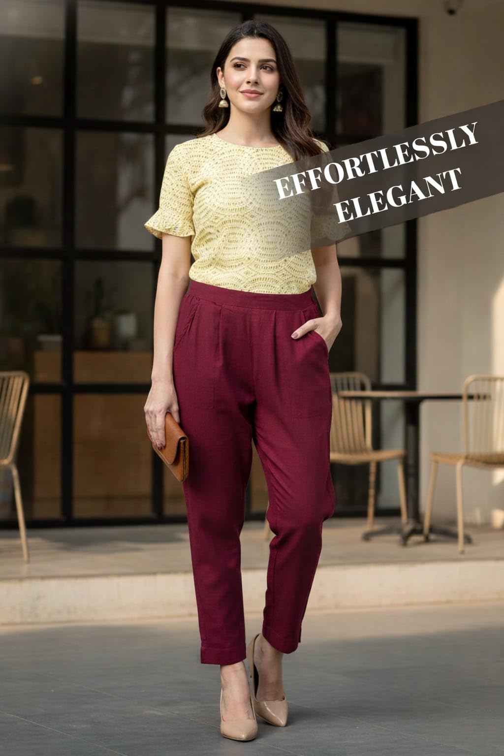 DIGITAL SHOPEE Trouser Cotton Pants for Woman | Straight Cigarette Pant | Regular Fit for Office School Formal Casual Daily Use Maroon L 4