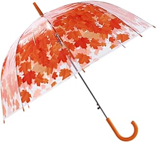 Meichoon Clear Bubble Umbrella Leaves Pattern Large Canopy Transparent Dome Coverage 8 Bones Fibreglass Steel Skeleton Wind and Rainproof J Hook Handle Outdoor for Women and Children