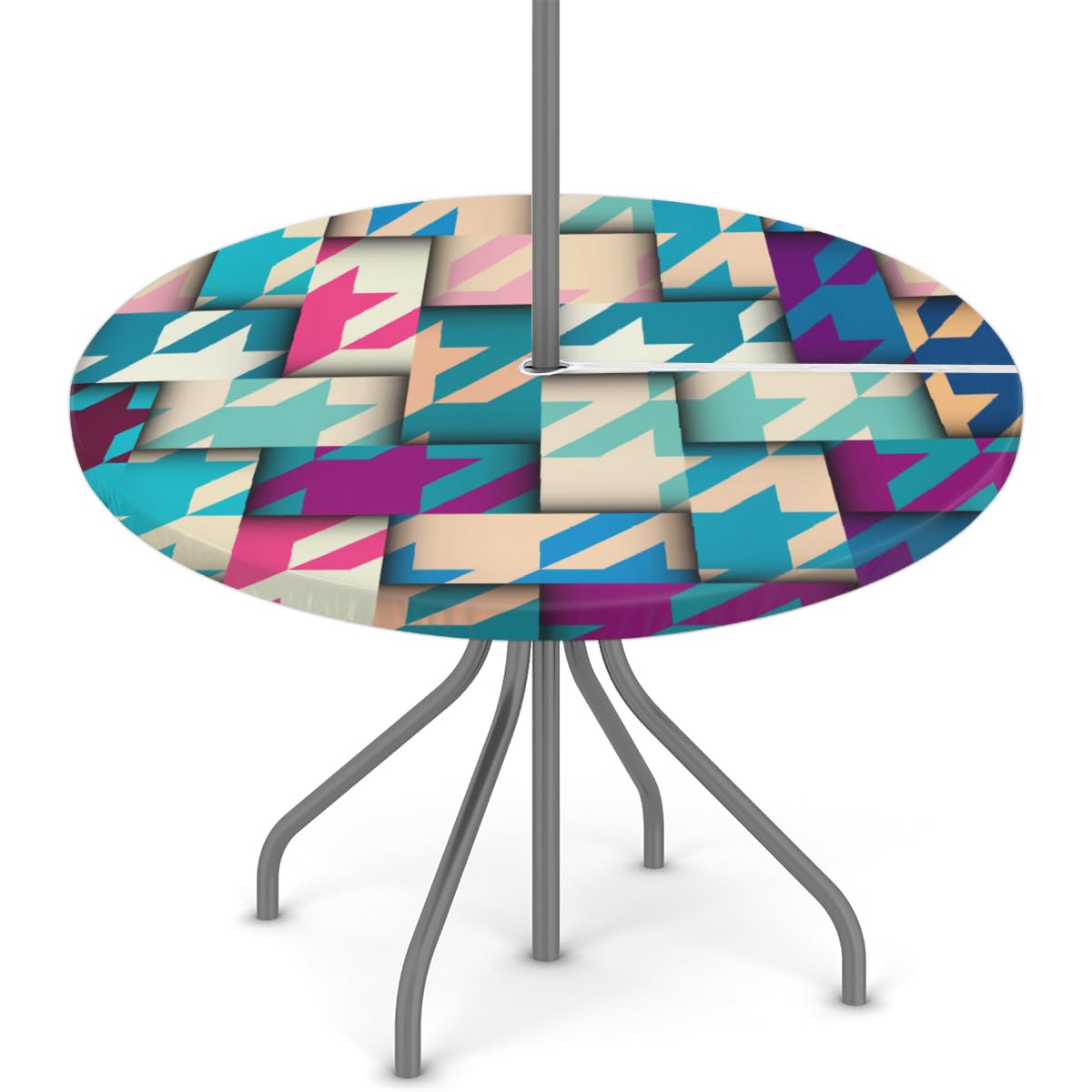 XMNYGJ Classic Hounds-Tooth Pattern Geometric Collage Round Fitted Tablecloth with Umbrella Hole Zipper for Patio Picnic Tables Elastic Outdoor Table Cover Waterproof and Stain Resistant 45-56 Inch