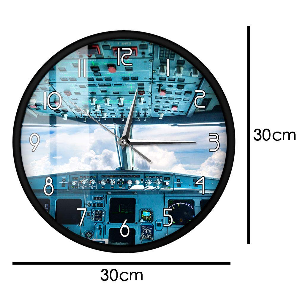 Avión Cockpit Print Arte de la Pared Reloj de Pared Decorativo Interior del avión Vista de la Cabina Dentro del avión Piloto de aviación Reloj de Pared (Marco de Metal)