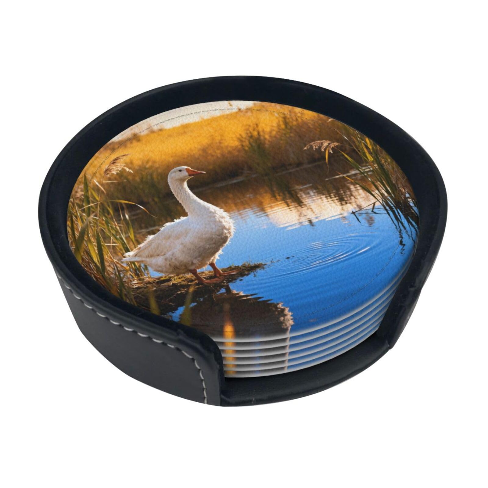 Cntdbu White Goose Pond Reeds Leather Coasters Set Of 6-Pu Leather Drink Mats For Table, Heat Resistant Round Coasters With Holder