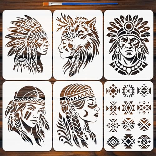 FINGERINSPIRE 6Pcs Aztec Tribal Art Figures and Patterns Painting Stencil with Paintbrush 11.7x8.3inch Aztec Stencil Tribal Indian Painting Stencils for Craft on Window Wood Wall Home Decoration