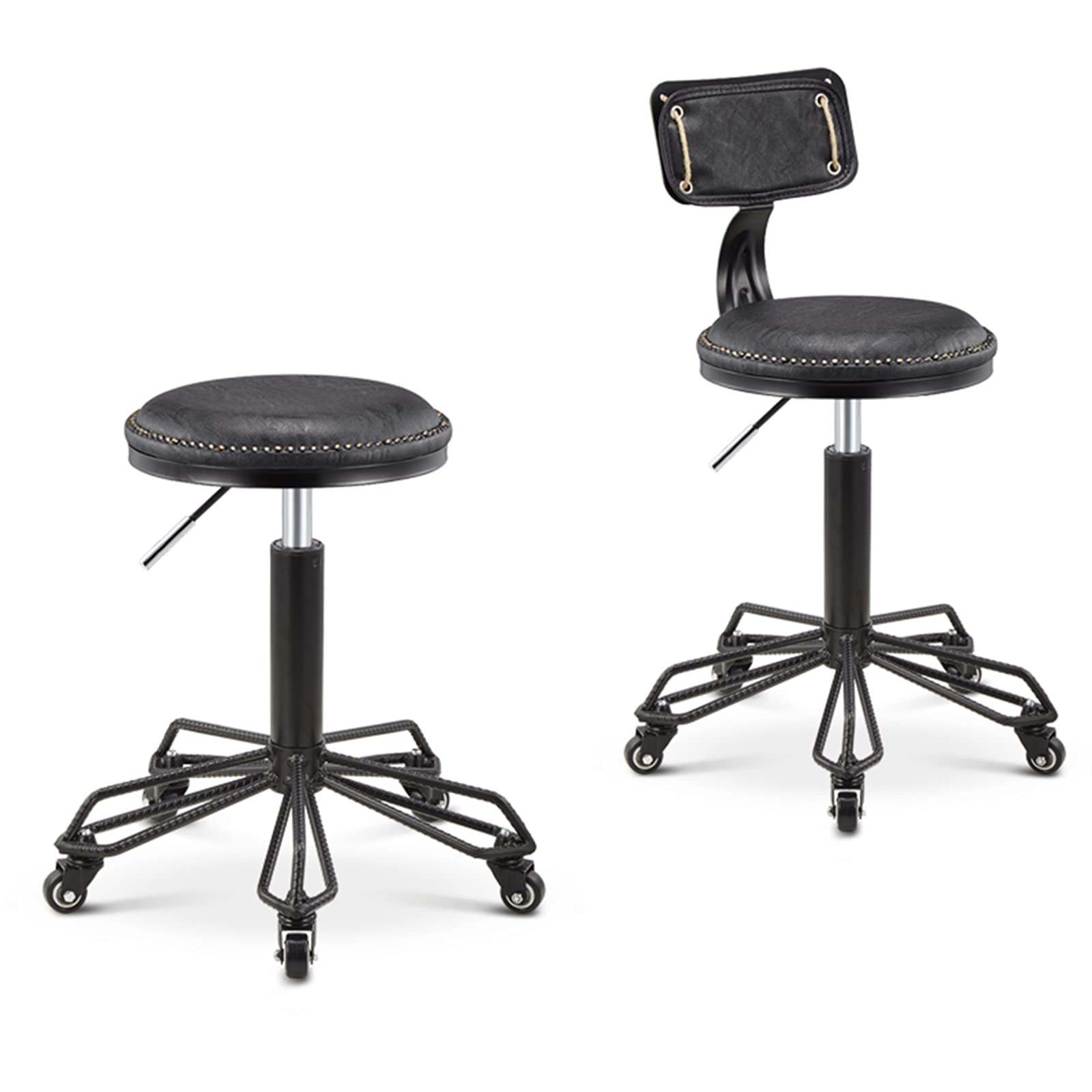 Tabouret de salon de beauté rotatif en métal noir avec roulettes pour salon de beauté, salon de coiffure, salon de coiffure, chambre à coucher – Design rétro élégant et fonctionnel