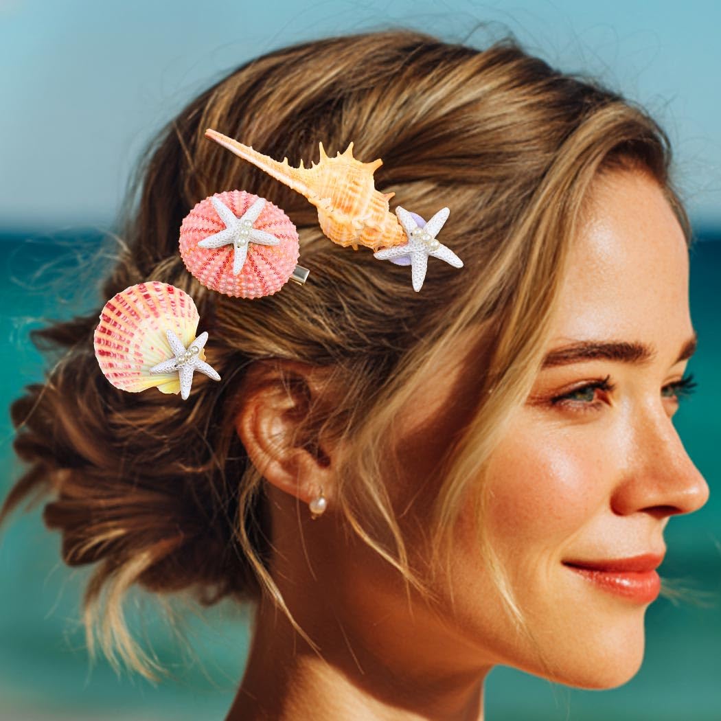 Handcess Mermaid Hair Clip Shell Hair Barrettes Starfish Headpiece Conch Party Rave Hair Accessories for Women