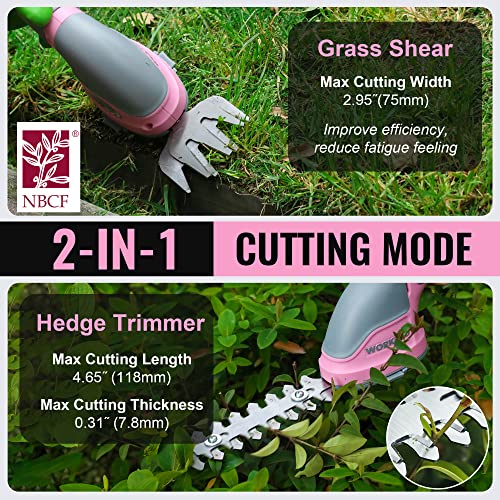 Workpro Cordless Grass Shear & Shrubbery Trimmer - 2 In 1 Handheld Hedge Trimmer Electric Grass Trimmer Hedge Shears/Grass Cutter Rechargeable Lithium-Ion Battery And Type-C Cable Included Pink Ribbon #TOP2