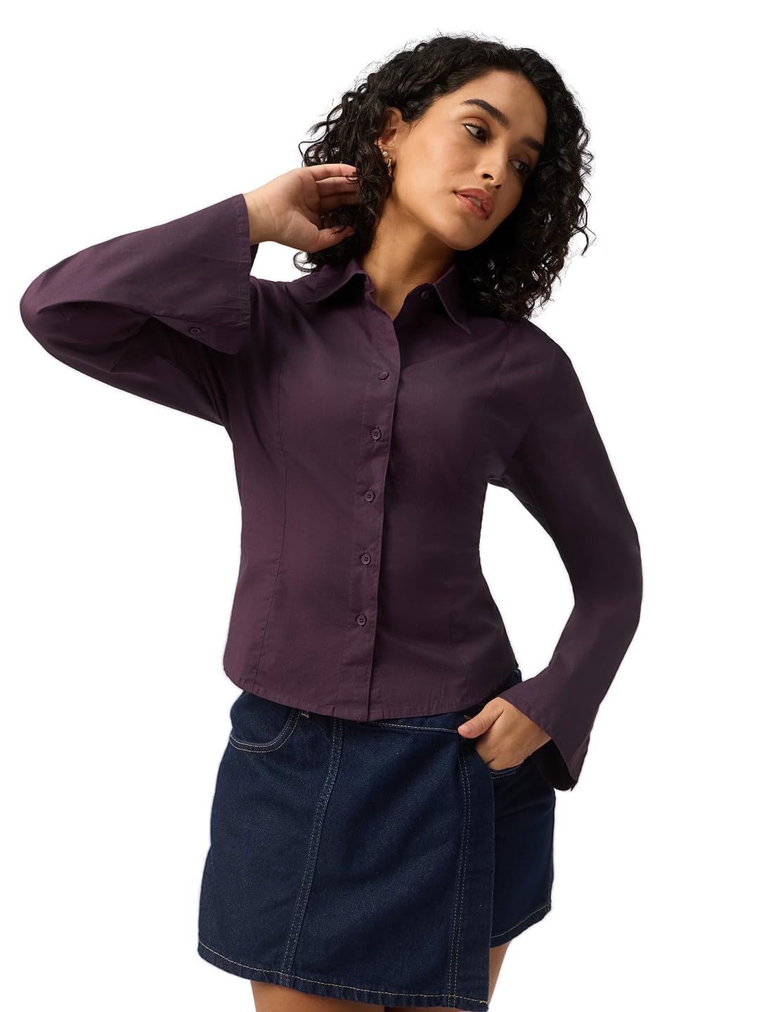 Tailored Solids: Women and Girls Full Sleeves Collared Solid Cotton Blend Slim Fit Breathable Lightweight All-Season Casual Button Down Shirt-image-5