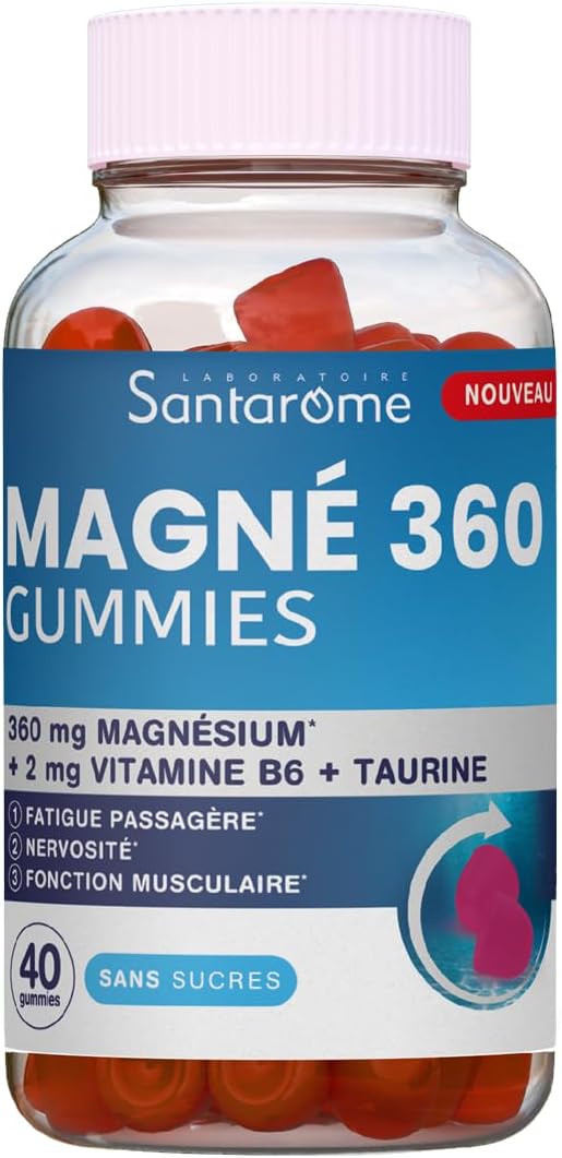 Santarome Bio – Extra Strong Magnesium 360 mg – Fatigue, Stress, nervousness – 2 mg Vitamin B6, Taurine – Ultra dosed – 40 Gummies – Sugar-free – Red Fruit Flavour