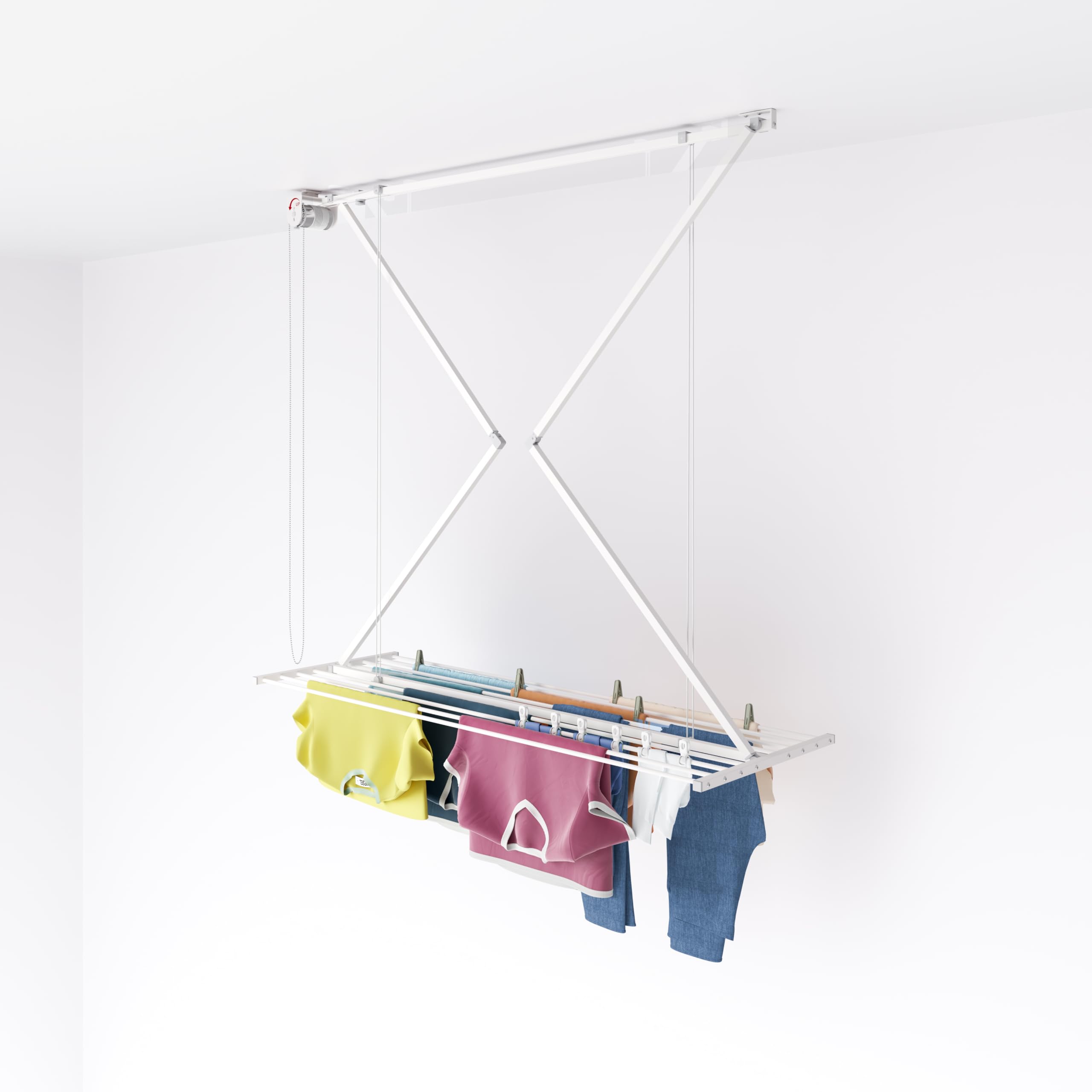 foxydry Mini, Ceiling Mounted Pulley Clothes Airer, Clothes Drying Rack, Vertical Folding Laundry Drying Rack in aluminium and steel 59.84x21.2x9.84 in