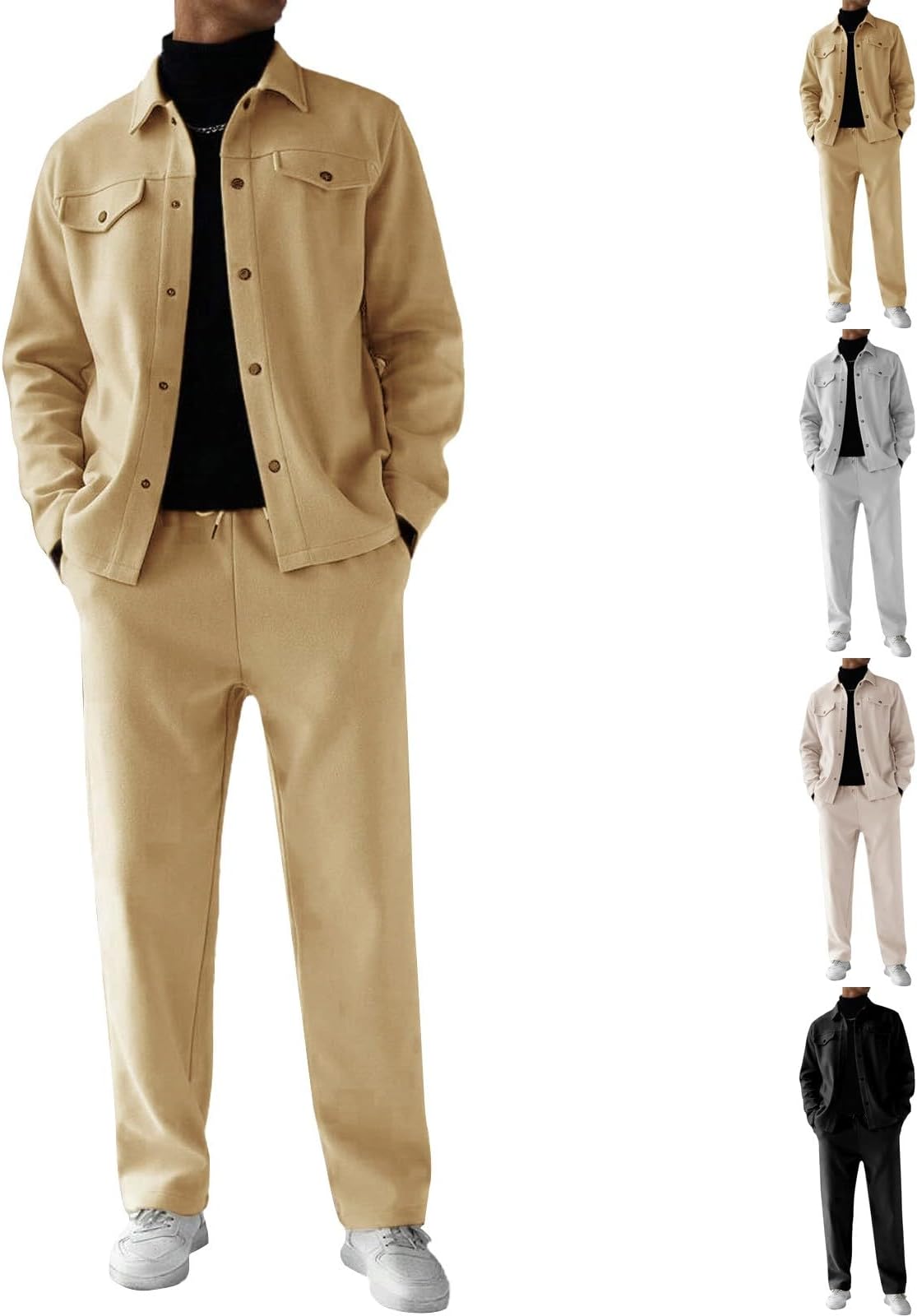 Tracksuit Mens Full Set Button Up Cargo Jacket And Joggers Long Sleeve Sweatshirt And Sweatpants 2 Piece Set Loose Fit Cargo Tracksuits Solid Color Casual Sweatsuits Lightweight Workwear