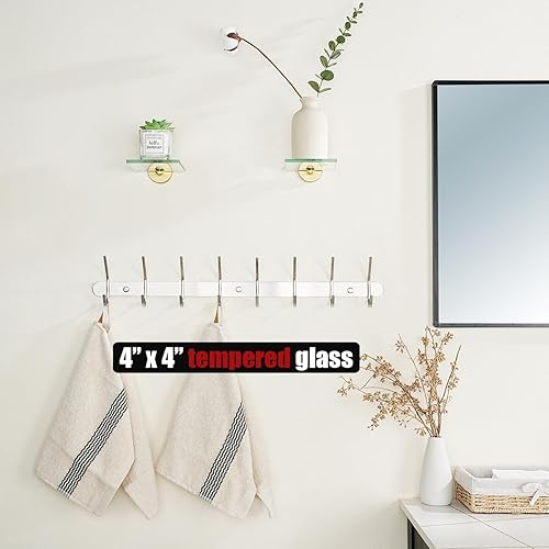 Miniatura 2 de JQK Pequeños estantes flotantes de vidrio dorado, repisas de exhibición de 4 pulgadas para pared, mini decoración, sala de estar, dormitorio, baño,