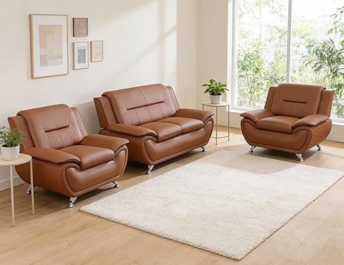 Miniatura 26 de Sofás Seccionales de Cuero, Conjuntos de Muebles de Sala de Estar, 3 Piezas Conjunto de Sofá Moderno para Sala de Crema