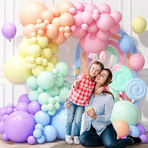 Miniatura 4 de Haolongfa Kit de guirnalda de arco de globos arcoíris pastel, 130 unidades, 18, 12, 5 pulgadas, diferentes tamaños, globos de colores surtidos