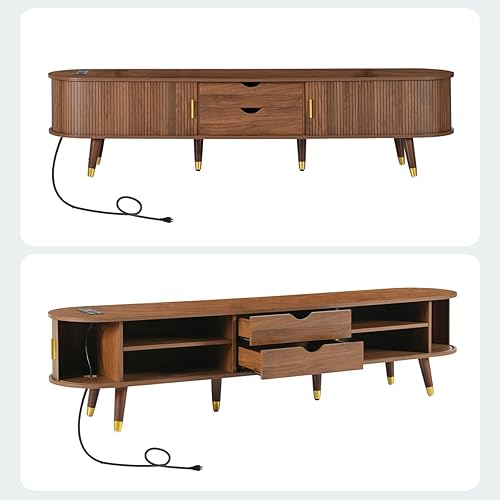 Miniatura 26 de Soporte de TV de 70 pulgadas con toma de corriente para sala de estar, consola multimedia con estación de carga, consola de TV con puerta corrediza