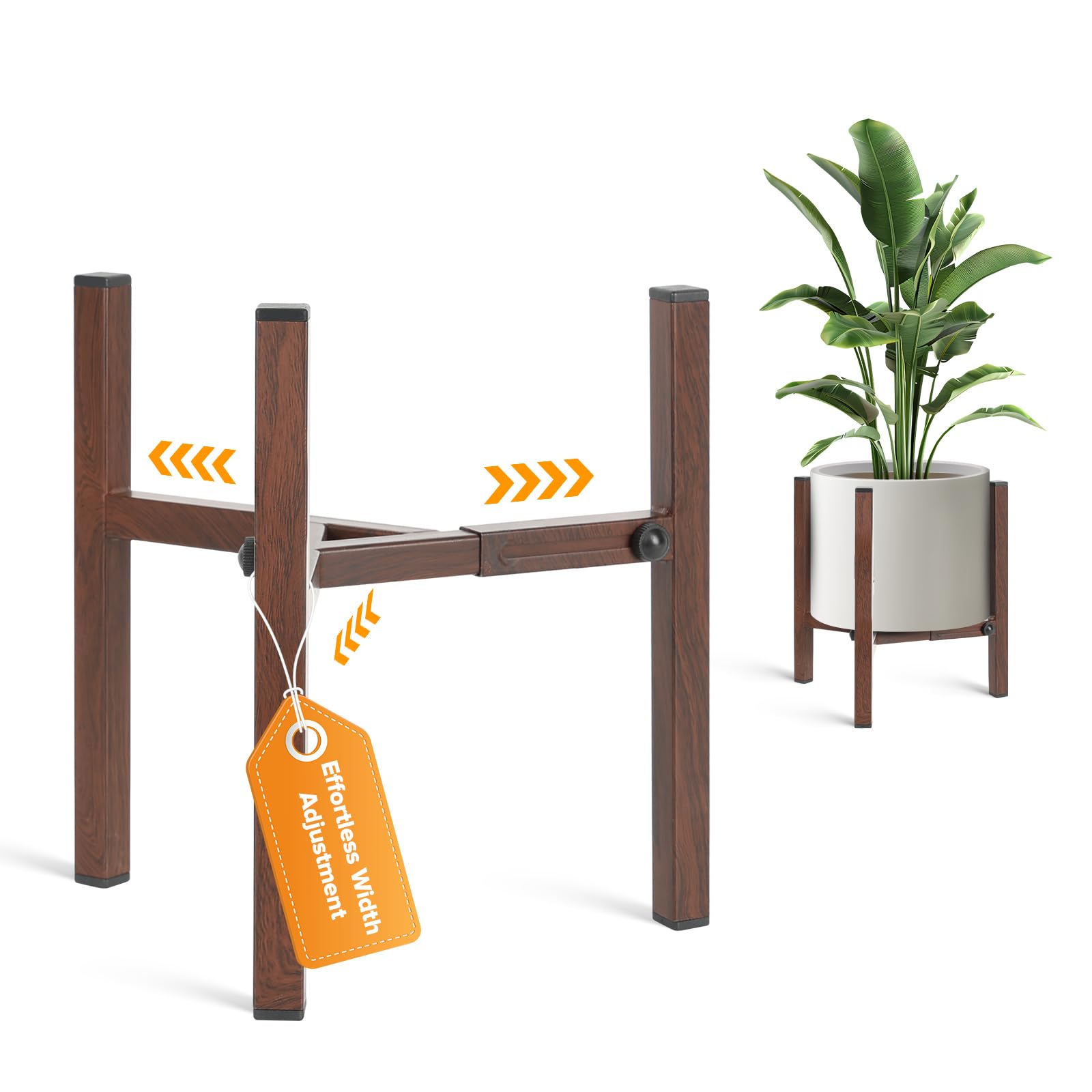 AZADESJET Plant Stand Indoor Adjustable, Metal Modern Indoor Plant Stand, Heavy Duty Plant Stands Outdoor Corner, Stable Plant Holder, Fits 8 to 12 Inches Pots, Walnut Wood-Grain, 1 Pack