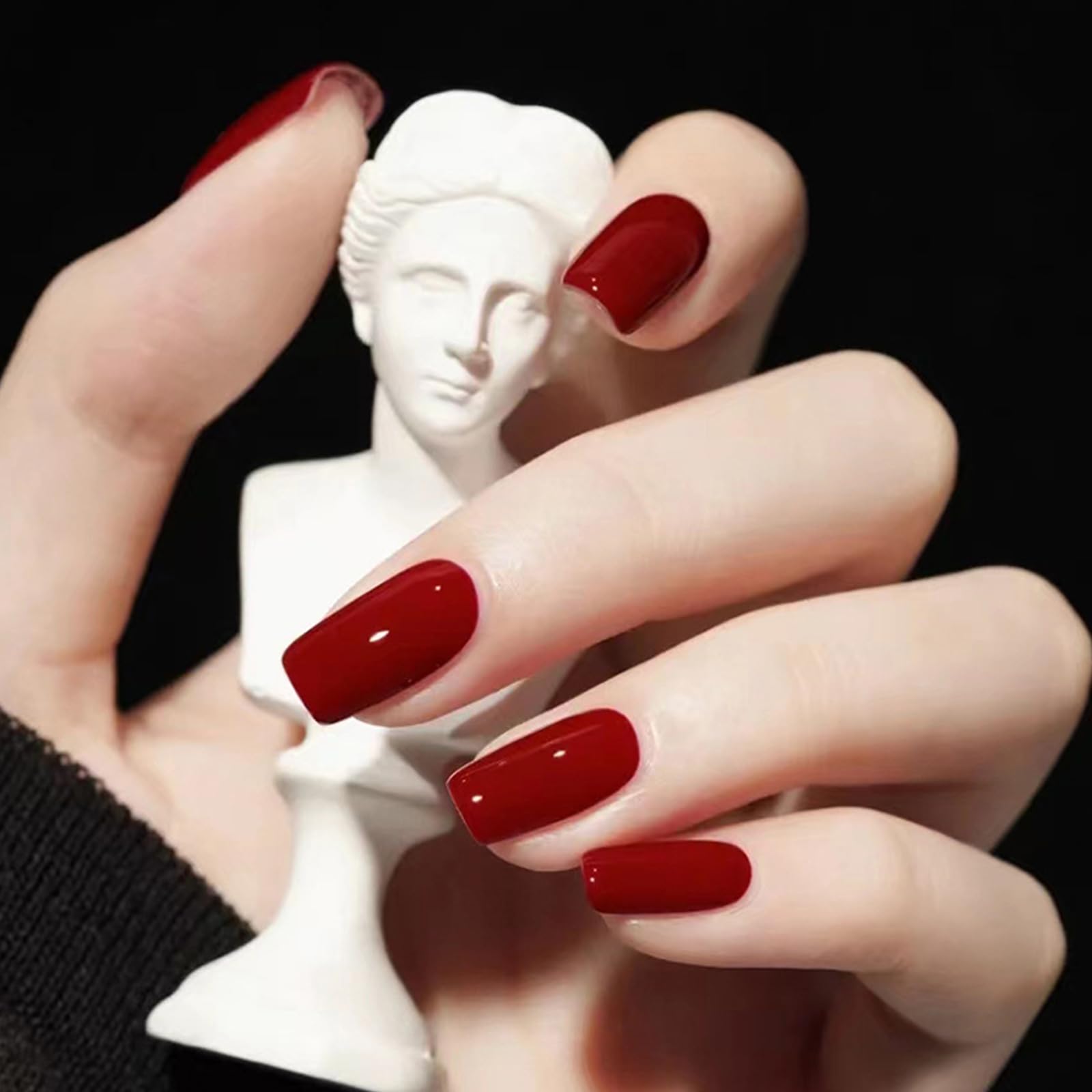 Ceboic24Pcs False Nails Medium, Square Shiny Burgundy Press on Nails with Glue Stickers, French Pure Color Ballerina Fake Nails, Natural Acrylic Full Cover Stick on Nails for Women Girls (Wine Red)