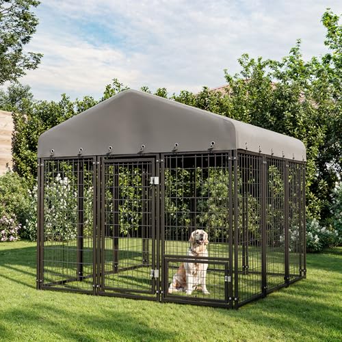 Dog-Kennel-Outside-Large-Outdoor-Dog-Kennel-with-Feeding-Door-and-Double-Lock-Heavy-Duty-Weatherproof-Dog-Cage-and-Dog-Fence-with-Roof-Dog-House-Outdoor-for-Large-Dogs-Easy-Assembly