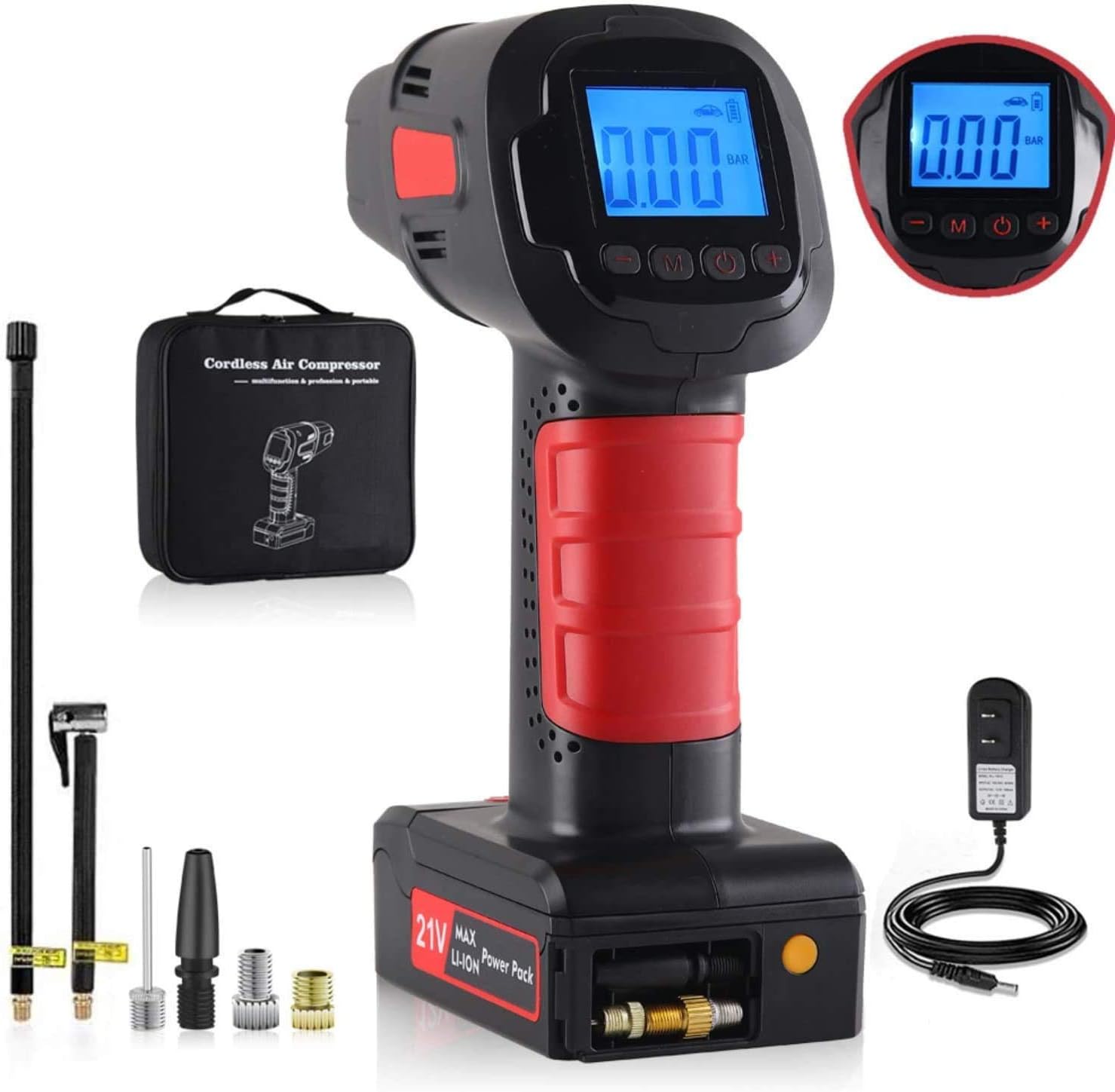 Cordless Air Compressor Portable Tire Inflator Pump with Digital LED lights and 2000mah Rechargeable Li-ion,suitable for Car,Bicycle,Air Mattress,Inflatable Airbed