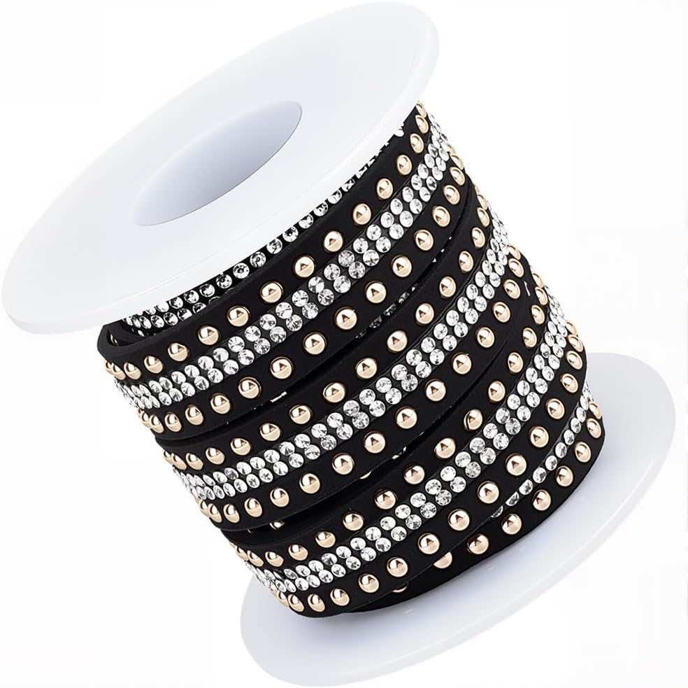 2.2 Yard Black Studded Trim PU Leather Double Rhinestone Faux Suede Cords 0.6 Inch Punk Flat Rope Lace Beading Strips String Ribbon Trimming with Rivets for Jewelry Making Bracelets