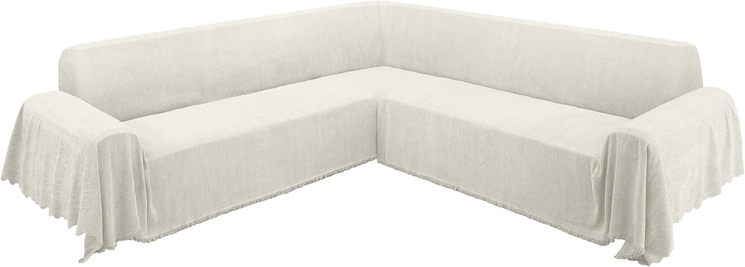 ALIECOM Corner Sectional Couch Covers L Shape Sofa Cover with Tassel Chenille Soft Thick U Shaped Sectional Slipcovers Washable Furniture Protector for Pets Dogs Cats (Light Cream, 91x275 Inch) 91x275 inch Light Cream