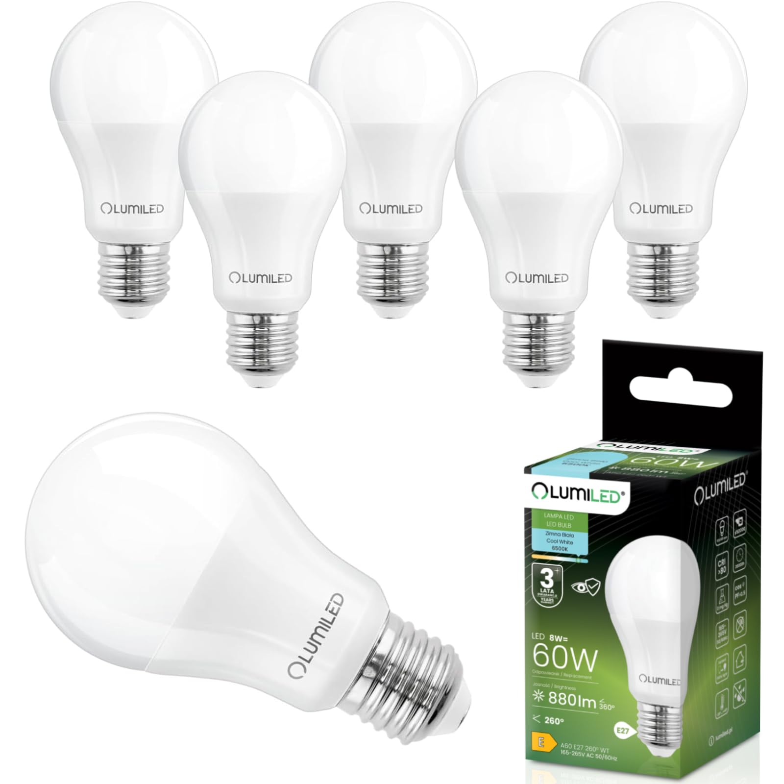 Lumiled Żarówka LED E27 A60 8W Odpowiednik 60W 880 lm Zimna Biel 6500K Kąt 260° 230V Zestaw 6 sztuk