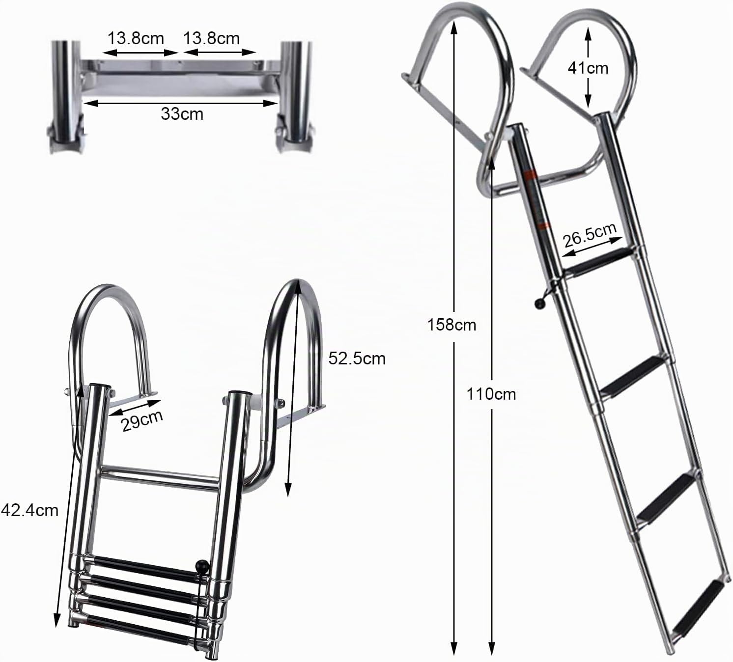 Escalera de baño de 4 peldaños, plegable, para barcos y piscinas, de acero inoxidable, telescópica, con asas y pedal ancho para marina