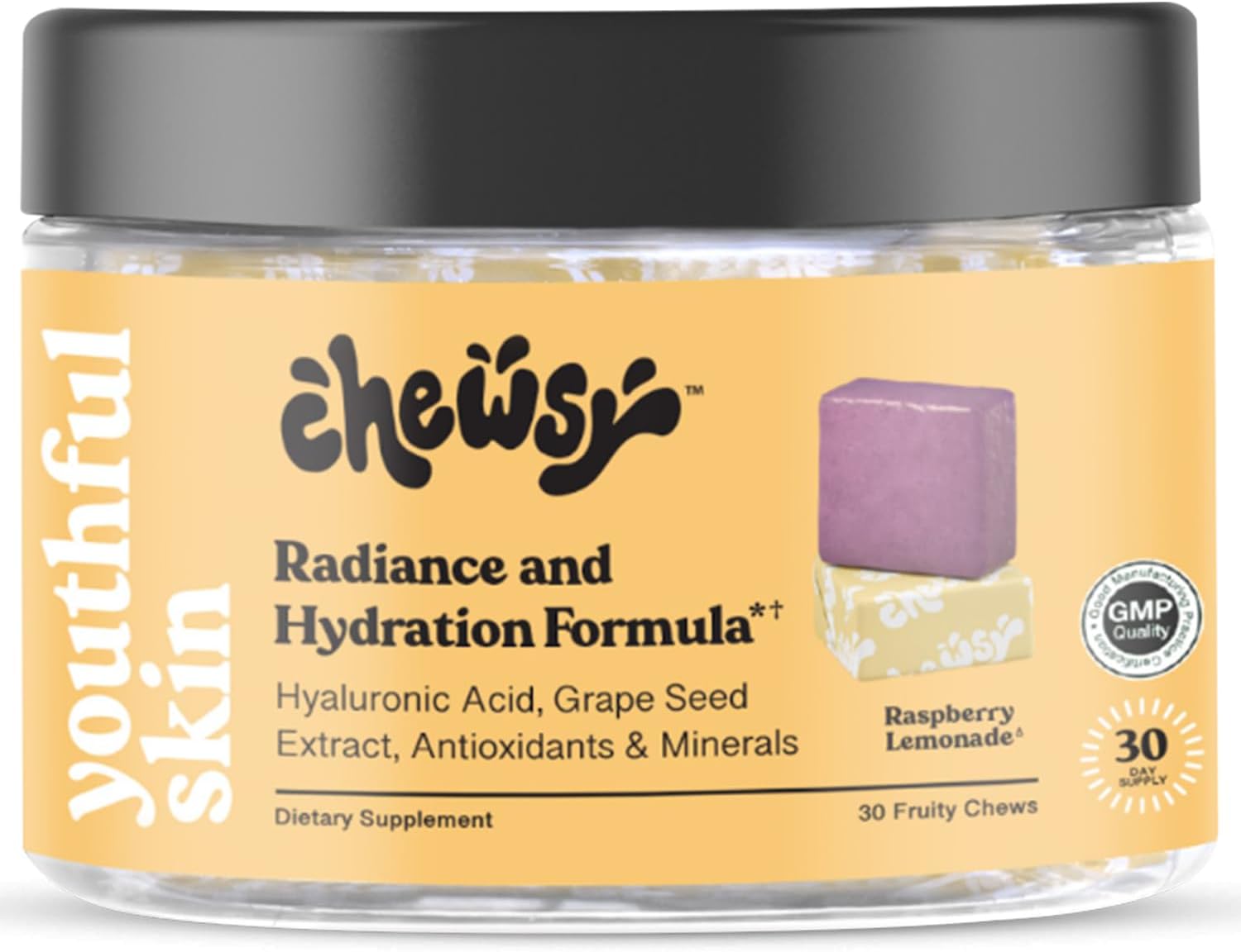 - Youthful Skin, Fruity Chews Vitamins, Radiance & Hydration Formula, Hyaluronic Acid, Grape Seed Extract, Antioxidants & Minerals, Vitamins Raspberry Lemonade Flavor 30-Day Supply