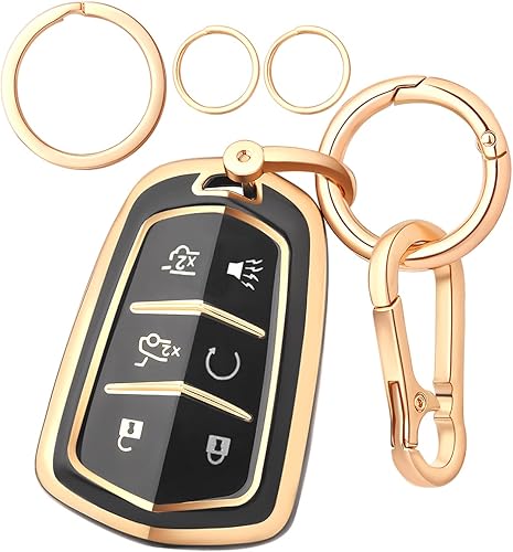 LEERLY Funda para llavero para accesorios Cadillac, funda para llave con llavero compatible con Escalade ESV Smart Key 6 botones, color negro